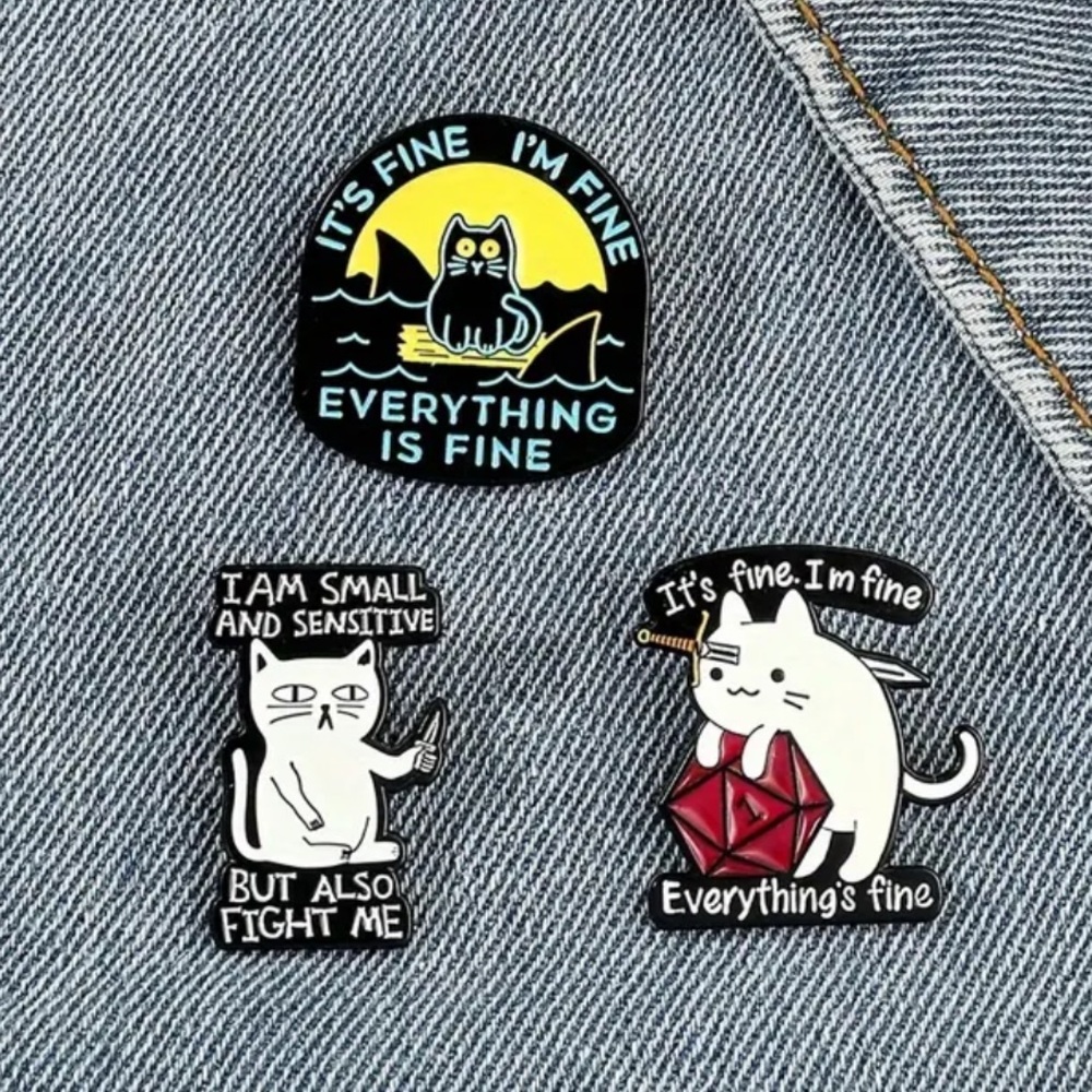 Trio of “stressed but fine” cat pins 🐈‍⬛